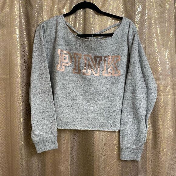 PINK Victorias Secret Gray Rose Gold Logo Criss Cross Back Cropped Sweater, Smal - Picture 1 of 5